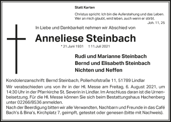 Anzeige von Anneliese Steinbach von  Anzeigen Echo 