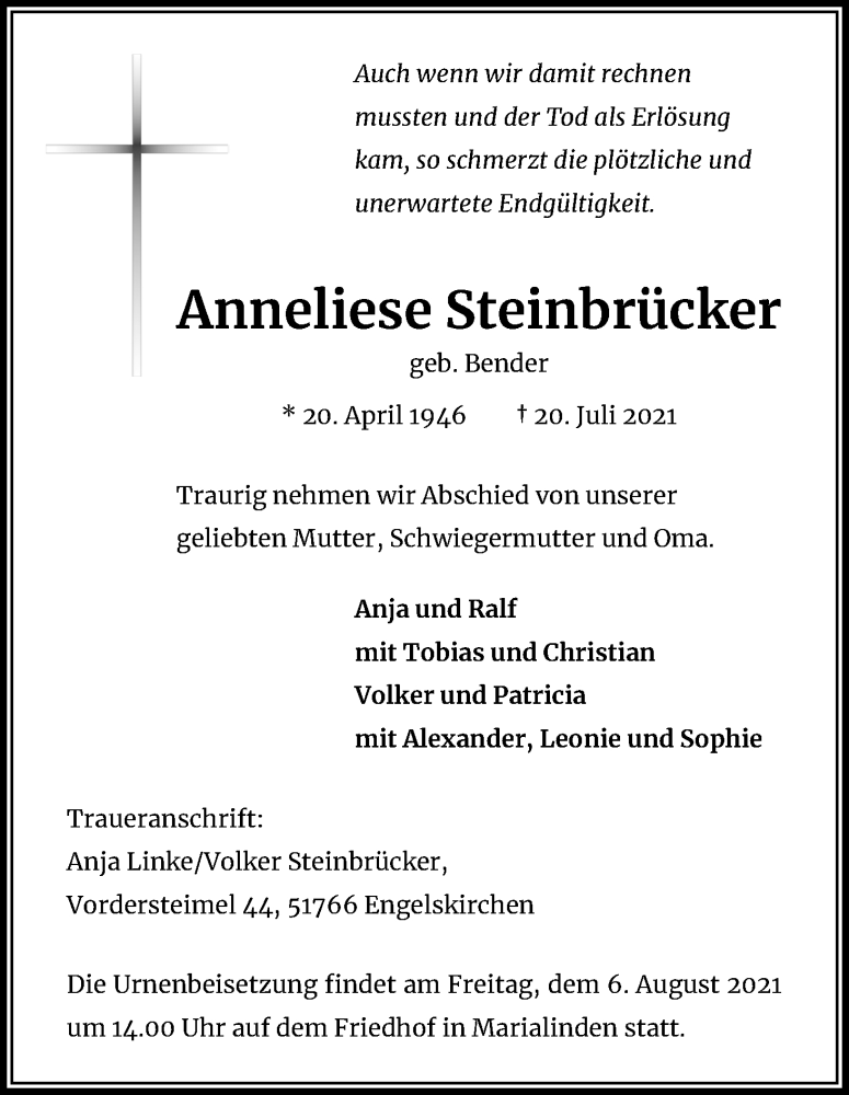  Traueranzeige für Anneliese Steinbrücker vom 31.07.2021 aus Kölner Stadt-Anzeiger / Kölnische Rundschau / Express
