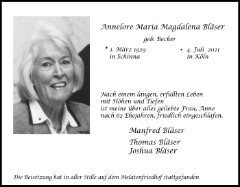 Anzeige von Annelore Maria Magdalena Bläser von Kölner Stadt-Anzeiger / Kölnische Rundschau / Express
