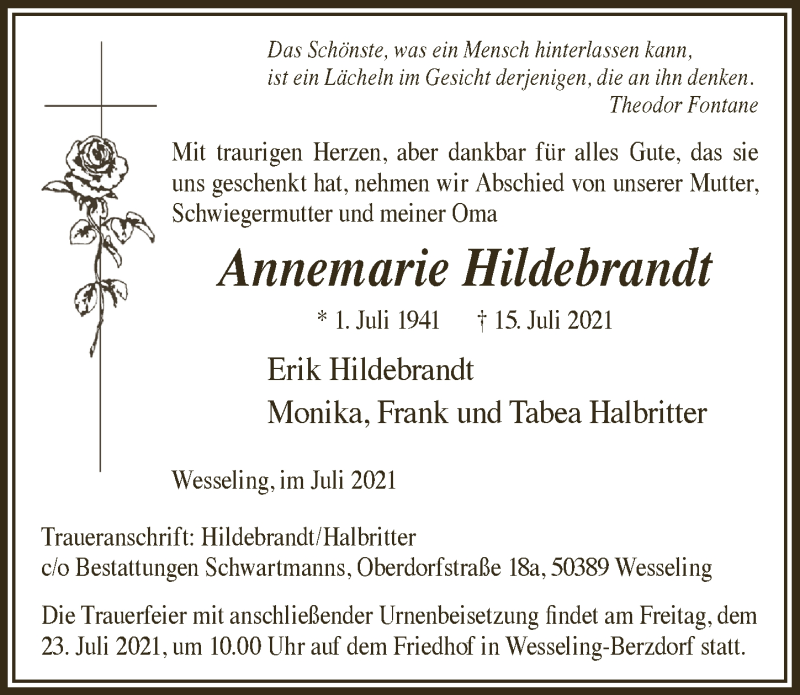  Traueranzeige für Annemarie Hildebrandt vom 23.07.2021 aus  Schlossbote/Werbekurier 