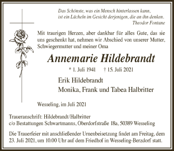 Anzeige von Annemarie Hildebrandt von  Schlossbote/Werbekurier 