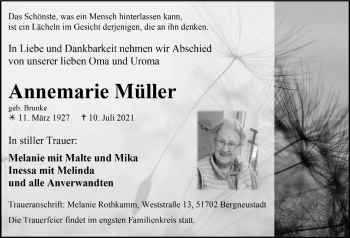 Anzeige von Annemarie Müller von  Anzeigen Echo 