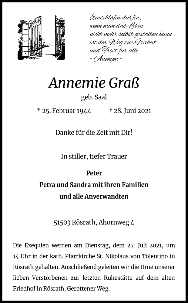  Traueranzeige für Annemie Graß vom 17.07.2021 aus Kölner Stadt-Anzeiger / Kölnische Rundschau / Express