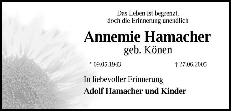  Traueranzeige für Annemie Hamacher vom 18.07.2023 aus Kölner Stadt-Anzeiger / Kölnische Rundschau / Express