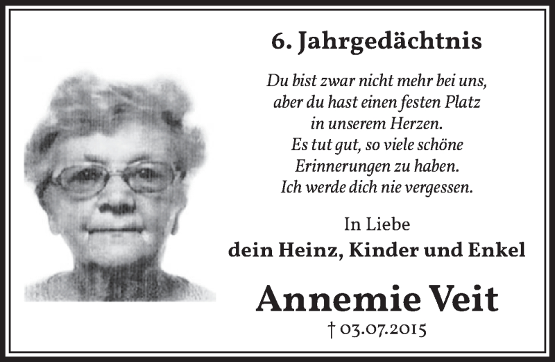  Traueranzeige für Annemie Veit vom 18.07.2023 aus  Werbepost 