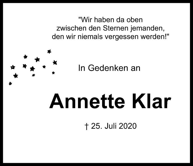  Traueranzeige für Annette Klar vom 24.07.2021 aus Kölner Stadt-Anzeiger / Kölnische Rundschau / Express