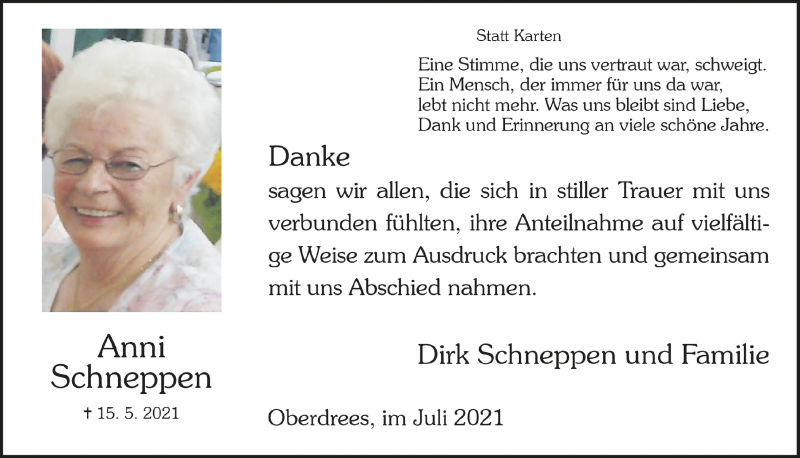  Traueranzeige für Anni Schneppen vom 02.07.2021 aus  Schaufenster/Blickpunkt 