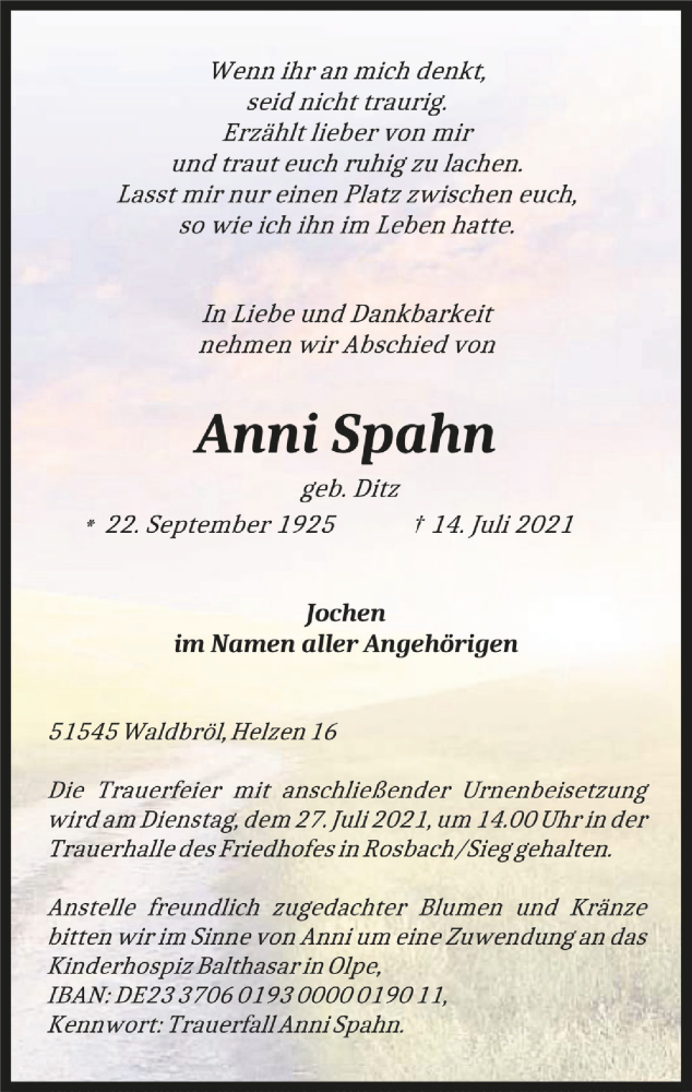  Traueranzeige für Anni Spahn vom 23.07.2021 aus  Lokalanzeiger 