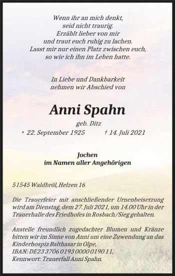 Anzeige von Anni Spahn von  Lokalanzeiger 
