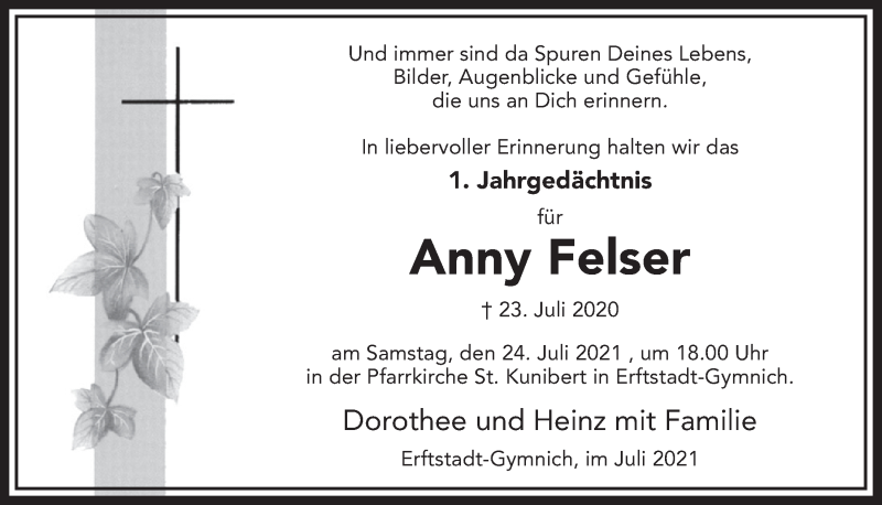  Traueranzeige für Anny Felser vom 16.07.2021 aus  Werbepost 
