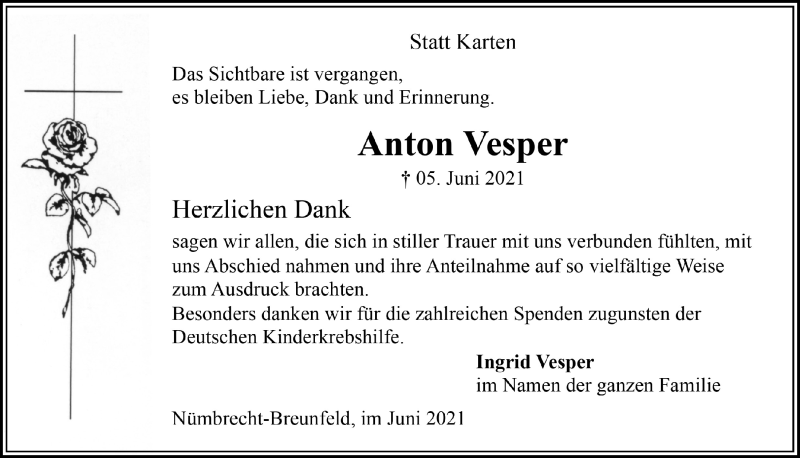  Traueranzeige für Anton Vesper vom 23.07.2021 aus  Lokalanzeiger 