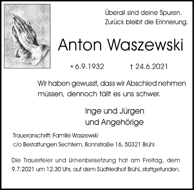  Traueranzeige für Anton Waszewski vom 09.07.2021 aus  Schlossbote/Werbekurier 