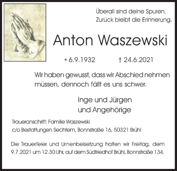 Anzeige von Anton Waszewski von Kölner Stadt-Anzeiger / Kölnische Rundschau / Express