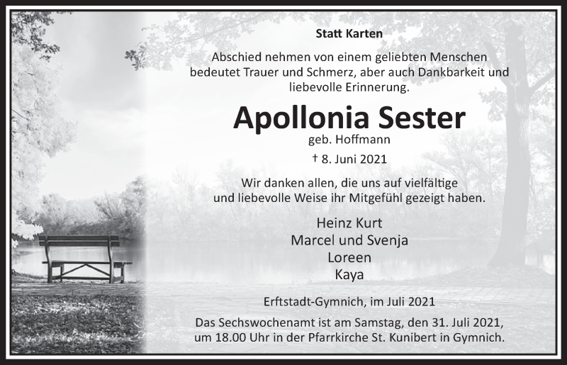  Traueranzeige für Apollonia Sester vom 23.07.2021 aus  Werbepost 