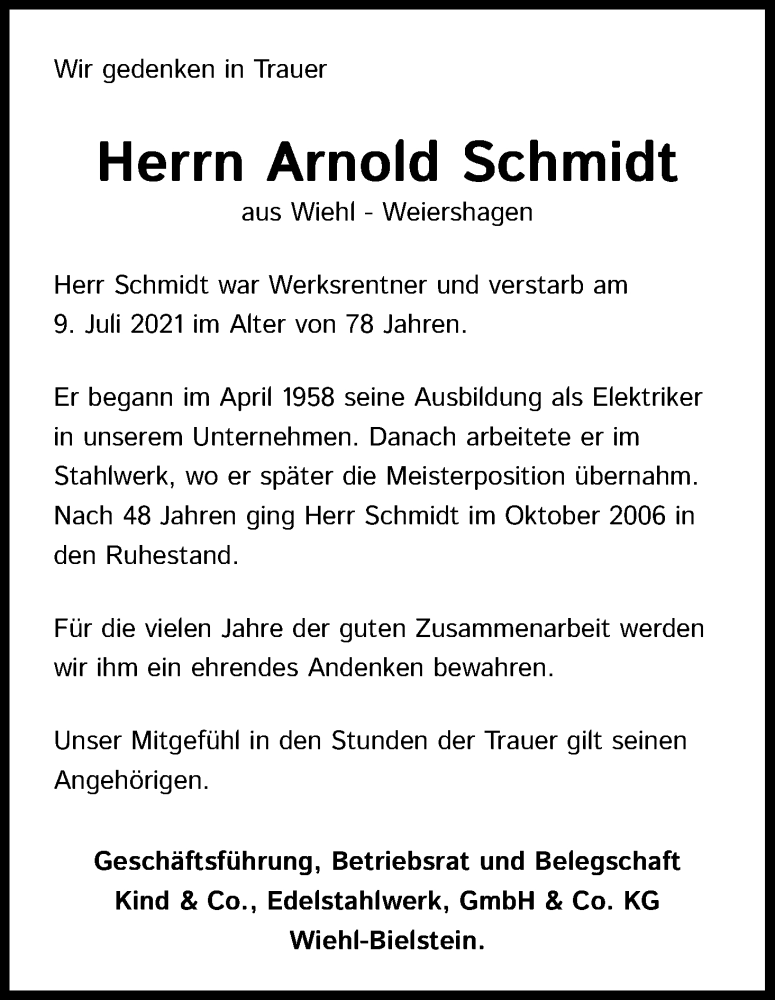  Traueranzeige für Arnold Schmidt vom 17.07.2021 aus Kölner Stadt-Anzeiger / Kölnische Rundschau / Express