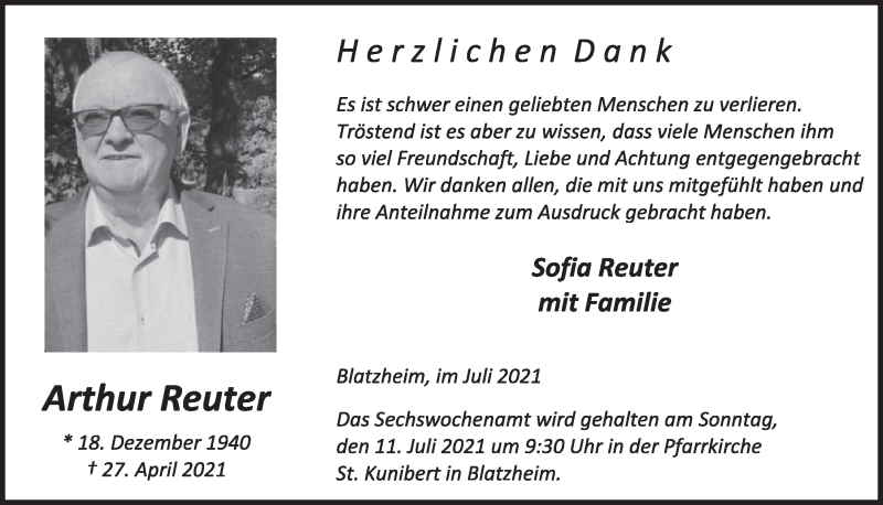  Traueranzeige für Arthur Reuter vom 02.07.2021 aus  Werbepost 