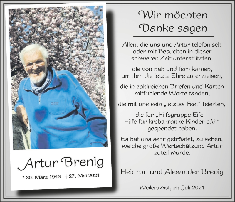  Traueranzeige für Artur Brenig vom 31.07.2021 aus  Blickpunkt Euskirchen 