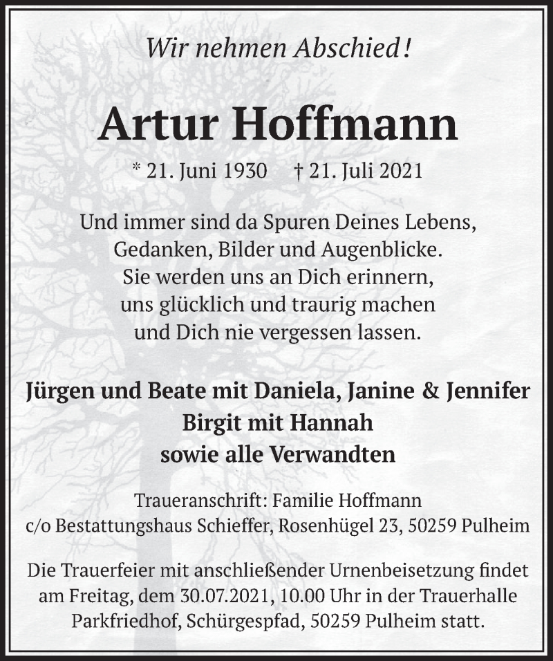  Traueranzeige für Artur Hoffmann vom 30.07.2021 aus  Wochenende 