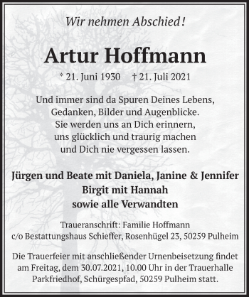 Anzeige von Artur Hoffmann von  Wochenende 