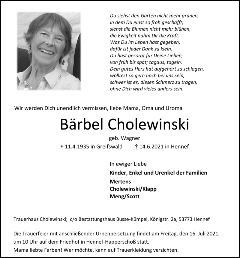  Traueranzeige für Bärbel Cholewinski vom 02.07.2021 aus  Extra Blatt 
