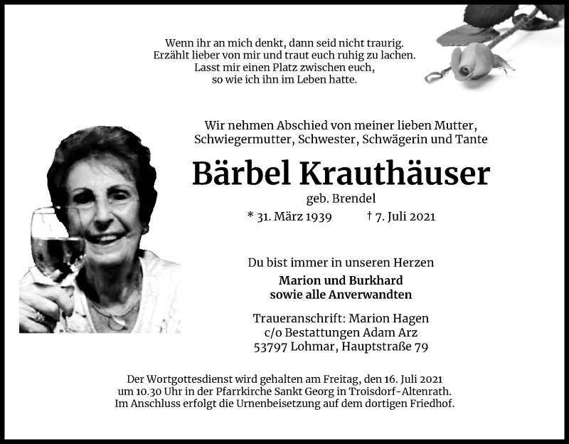  Traueranzeige für Bärbel Krauthäuser vom 10.07.2021 aus Kölner Stadt-Anzeiger / Kölnische Rundschau / Express