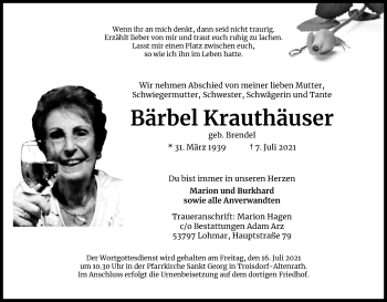 Anzeige von Bärbel Krauthäuser von Kölner Stadt-Anzeiger / Kölnische Rundschau / Express