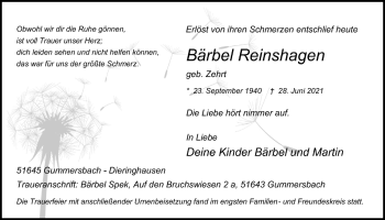 Anzeige von Bärbel Reinshagen von  Anzeigen Echo 