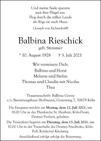 Anzeige von Balbina Rieschick von Kölner Stadt-Anzeiger / Kölnische Rundschau / Express