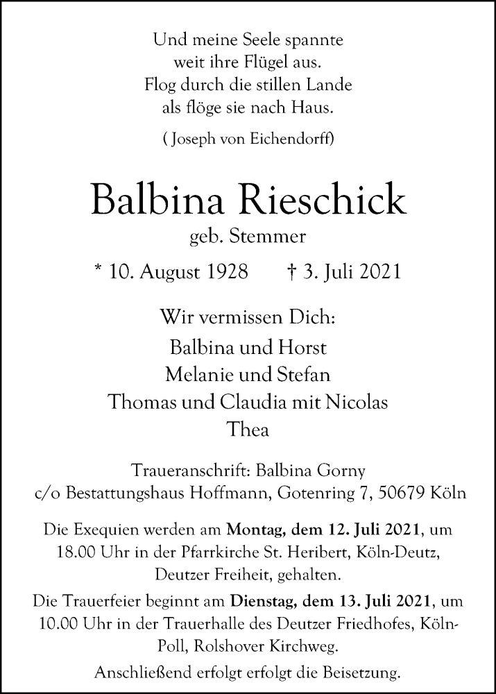  Traueranzeige für Balbina Rieschick vom 10.07.2021 aus Kölner Stadt-Anzeiger / Kölnische Rundschau / Express