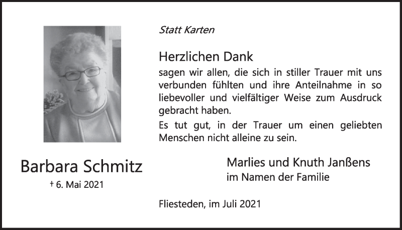  Traueranzeige für Barbara Schmitz vom 16.07.2021 aus  Werbepost 