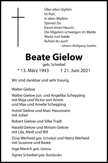 Anzeige von Beate Gielow von Kölner Stadt-Anzeiger / Kölnische Rundschau / Express