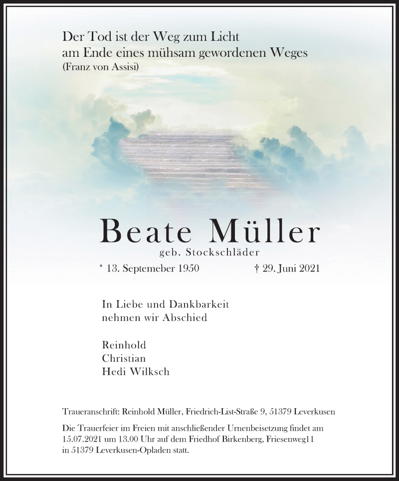  Traueranzeige für Beate Müller vom 10.07.2021 aus Kölner Stadt-Anzeiger / Kölnische Rundschau / Express