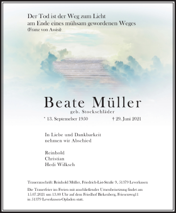 Anzeige von Beate Müller von Kölner Stadt-Anzeiger / Kölnische Rundschau / Express