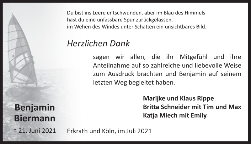  Traueranzeige für Benjamin Biermann vom 30.07.2021 aus  Kölner Wochenspiegel 