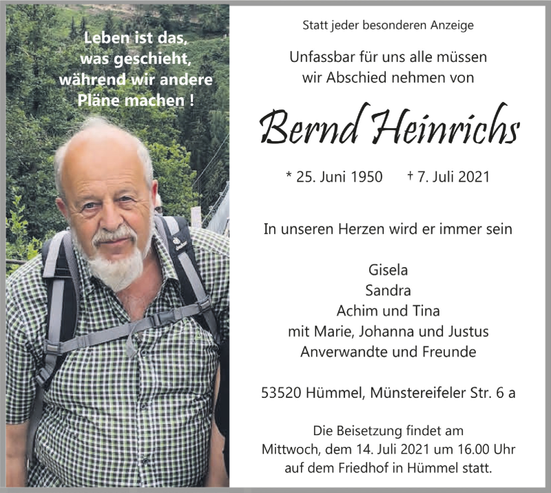  Traueranzeige für Bernd Heinrichs vom 10.07.2021 aus  Blickpunkt Euskirchen 