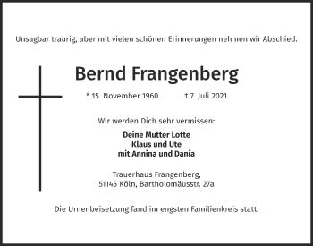Anzeige von Bernd Frangenberg von  Kölner Wochenspiegel 