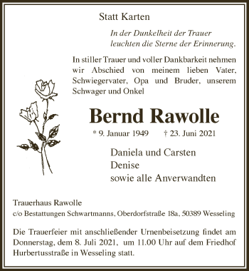 Anzeige von Bernd Rawolle von  Schlossbote/Werbekurier 