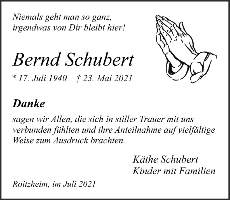  Traueranzeige für Bernd Schubert vom 17.07.2021 aus  Blickpunkt Euskirchen 