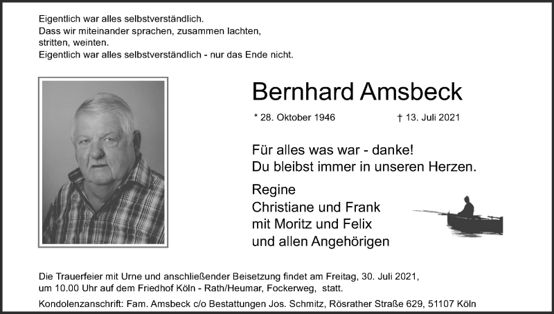  Traueranzeige für Bernhard Amsbeck vom 24.07.2021 aus Kölner Stadt-Anzeiger / Kölnische Rundschau / Express