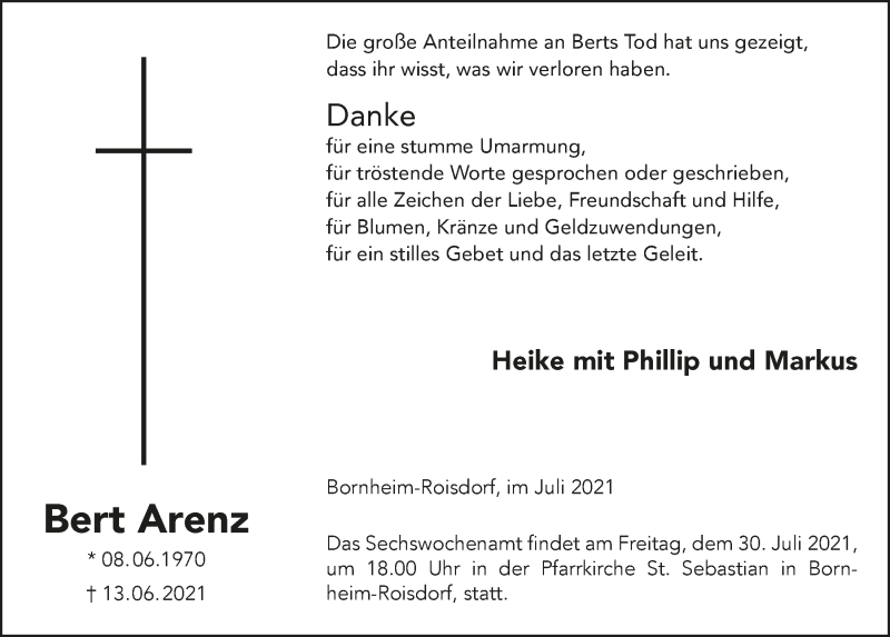  Traueranzeige für Bert Arenz vom 16.07.2021 aus  Schaufenster/Blickpunkt 