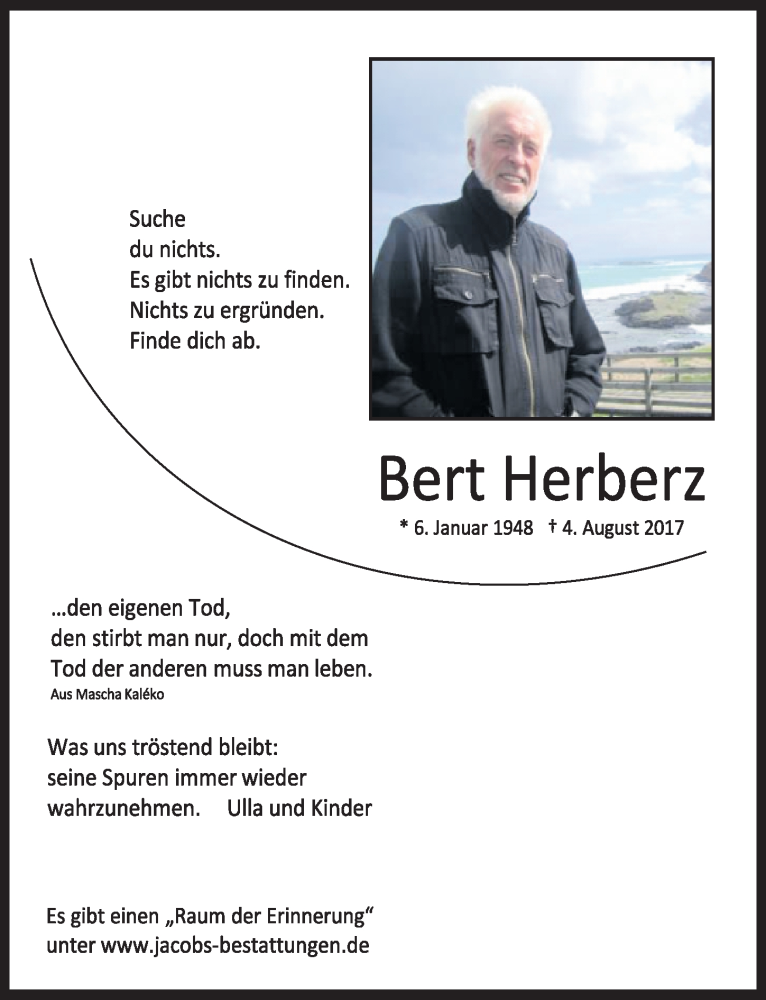  Traueranzeige für Bert Herberz vom 30.07.2021 aus  Werbepost 