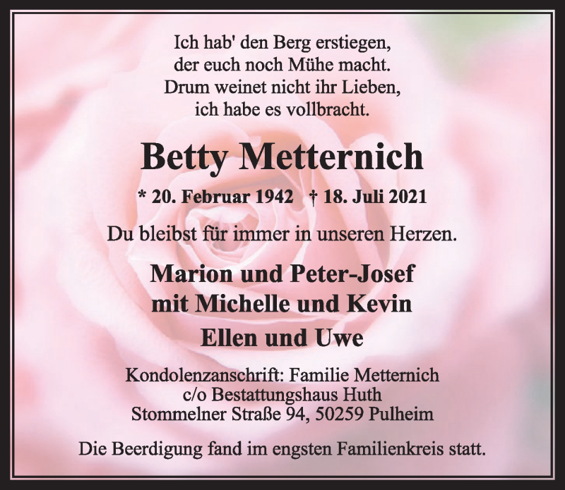  Traueranzeige für Betty Metternich vom 30.07.2021 aus  Wochenende 