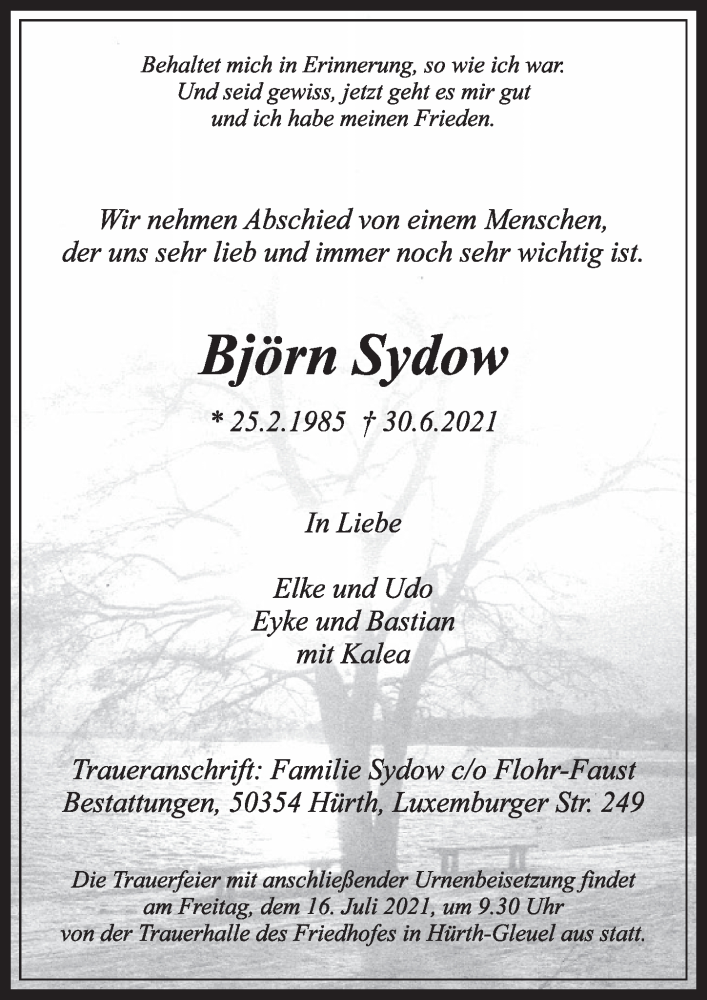  Traueranzeige für Björn Sydow vom 09.07.2021 aus  Wochenende 
