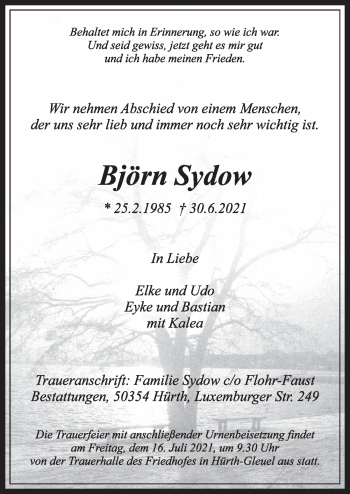 Anzeige von Björn Sydow von  Wochenende 