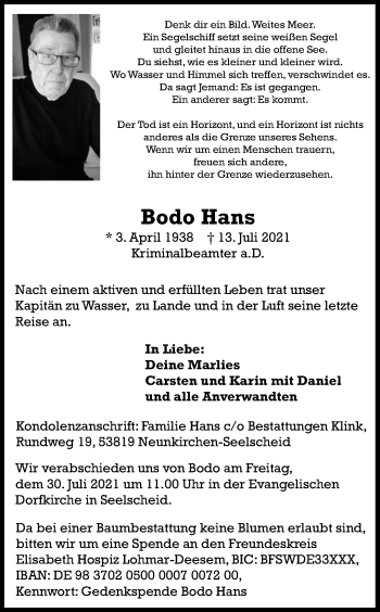 Anzeige von Bodo Hans von Kölner Stadt-Anzeiger / Kölnische Rundschau / Express