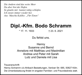 Anzeige von Bodo Schramm von Kölner Stadt-Anzeiger / Kölnische Rundschau / Express