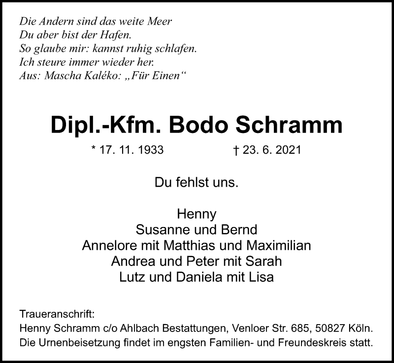  Traueranzeige für Bodo Schramm vom 10.07.2021 aus Kölner Stadt-Anzeiger / Kölnische Rundschau / Express