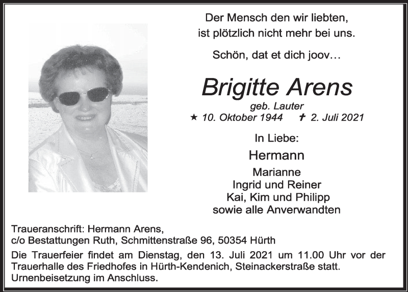  Traueranzeige für Brigitte Arens vom 09.07.2021 aus  Wochenende 