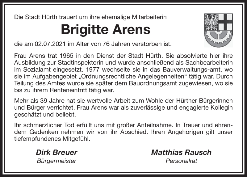  Traueranzeige für Brigitte Arens vom 16.07.2021 aus  Wochenende 