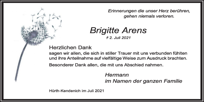  Traueranzeige für Brigitte Arens vom 30.07.2021 aus  Wochenende 